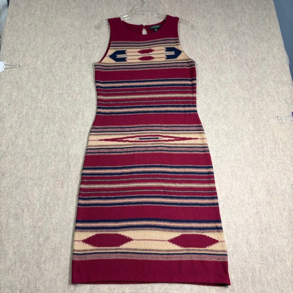 Lauren Ralph Lauren Sweater Dress Womens M Red Cotton Linen Western Boho Pattern